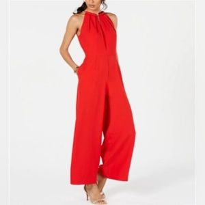 Donna Ricco Women's Halter Chain Neck Red Sleeveless Crepe Jumpsuit